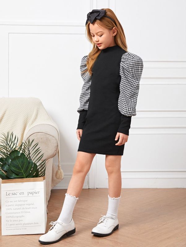 Girls Contrast Houndstooth Puff Sleeve Dress Without Belt SHE