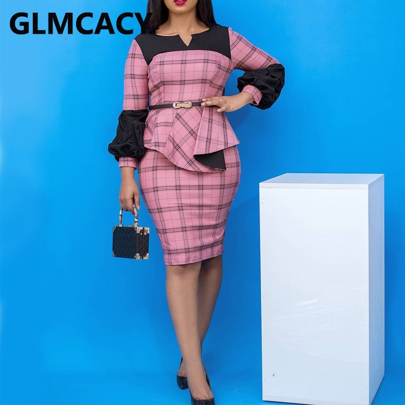 Women Lantern Sleeve Plaid Dress Elegant Peplum Office Ladies Work Dresses 210702