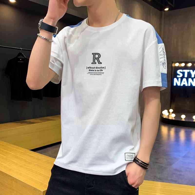 Col rond 2021 Nouveau été R Broderie T-shirt court T-shirt à demi-manches coréennes T-shirt pour homme