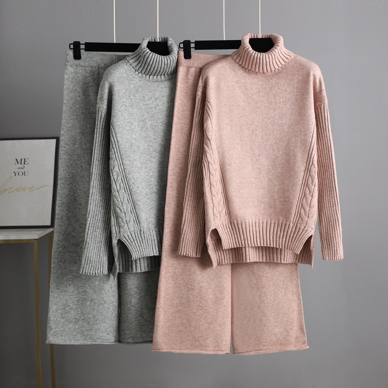 Winter Thick Women Suits two Piece Set Loose Turtleneck twist Pullover Sweaters And Long Knitted wide leg pants sets Sportsuits 220315