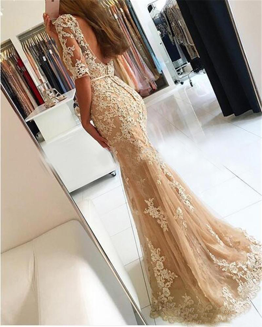 2021 Luxury Prom Dress Champagne Tulle Mermaid Evening Dresses Robe Longue Femme Soiree Sexy Backless Long Dress Gown