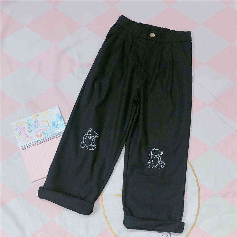 Japanese Kawaii Women Harajuku Korean Teen Girls Loose Thin Bear Embroidery Pants Wild Casual Female Cute Small Fresh Pant 211115