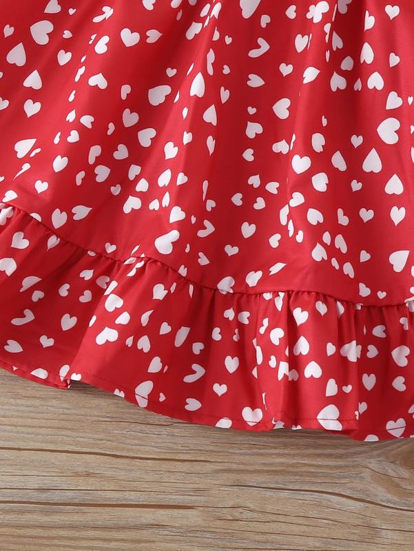 Toddler Girls Heart Print Shirred Ruffle Trim Dress With Hat SHE