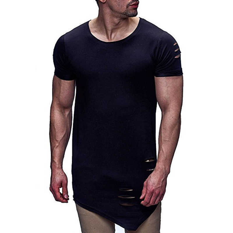 IceLion Spring Irregular Hole T Shirt Men Casual Long Fitness T-shirt Summer Short Sleeve Solid Slim Fit Men's Tshirt 210623