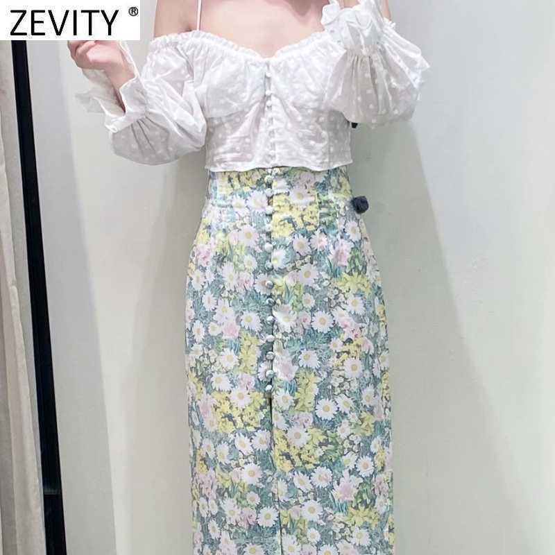 Zevity Women Sexy Off Shoulder Floral Embroidery Sling Smock Blouse Female Pleat Ruffles Shirt Chic Crop Blusas Tops LS9366 210603