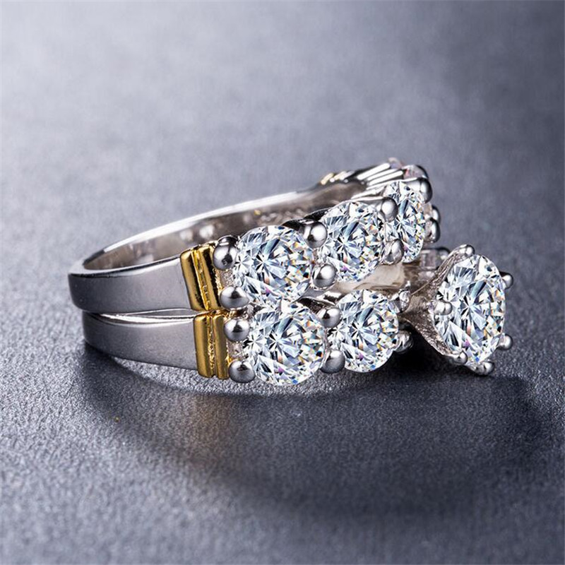 Luxury Jewerly Couple Rings 925 Sterling Silver Round Cut White Topaz CZ Diamond Gemstone Eternity Women Wedding Engagement Bridal Ring Set