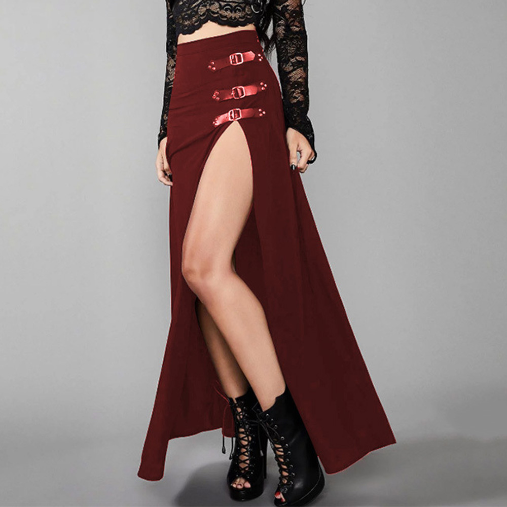 Rosetic Sexy Punk Women Maxi Skirt High Waist Split Buckle Gothic Black Vintage Party Red Elegant Long Skirts Fall 210306