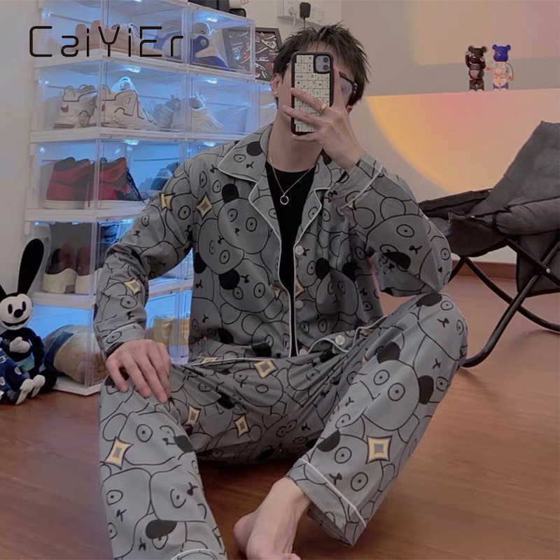 CAIYIER Autumn Winter Men Pajamas Set Turn-down Collar Long Sleeve Trousers Sleepwear Gentleman Printed Casual Homewear L-3XL 211019