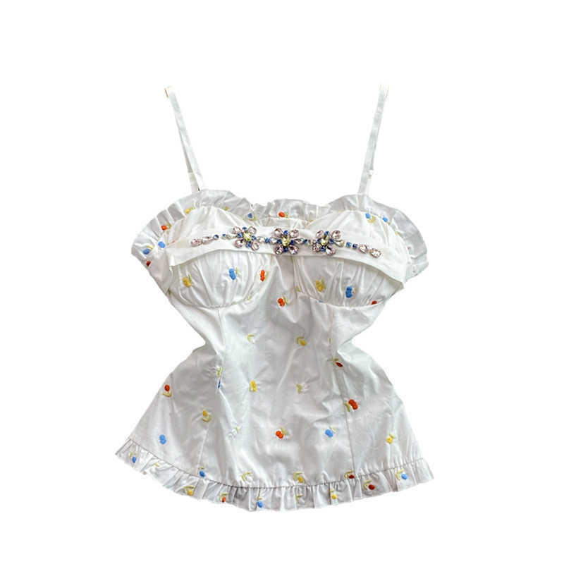 DEAT Women Sling Ruffles Diamond T-shirt Solid Color Slash Neck Sleeveless Temperament Fashion Spring Summer 11D1407 210709