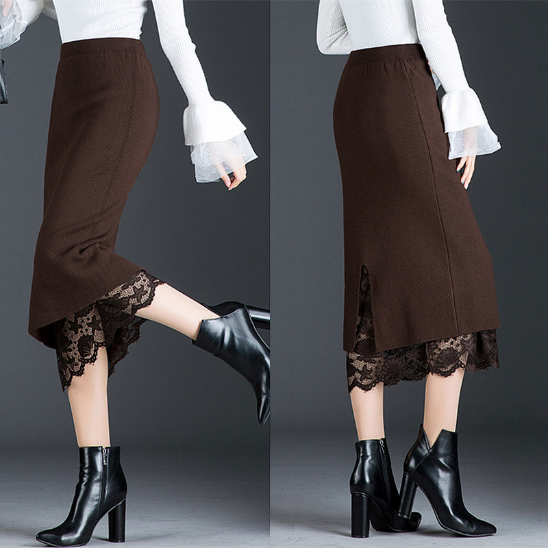 Autumn and long section jupe femme two sides wearing lace midi split bag hip wool winter skirt 210309