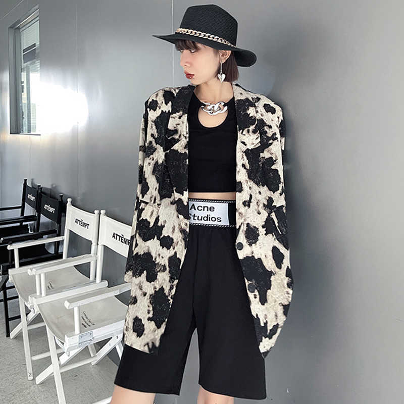 [EAM] Women Pattern Printed Big Size Thin Blazer Lapel Long Sleeve Loose Fit Jacket Fashion Spring Summer 1DE1526 210930