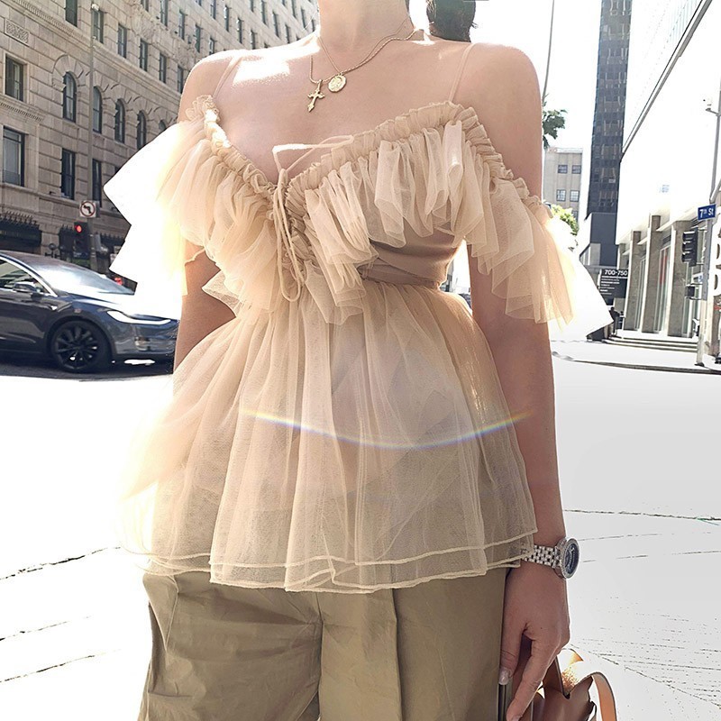 TWOTWINSTYLE Elegant T Shirt For Women V Neck Off Shoulder Tunic Mesh Bandage Tops Female Fashion Summer Clothes New 210308