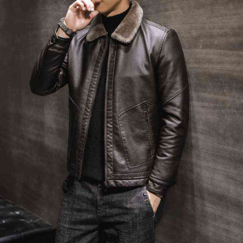 Vintage Leather Jacket Men Coffee Jacket Brown Leater Jacket Casual Wear Street Fashion Men Coat Fur Collar Slim Fit Biker Coat 211110