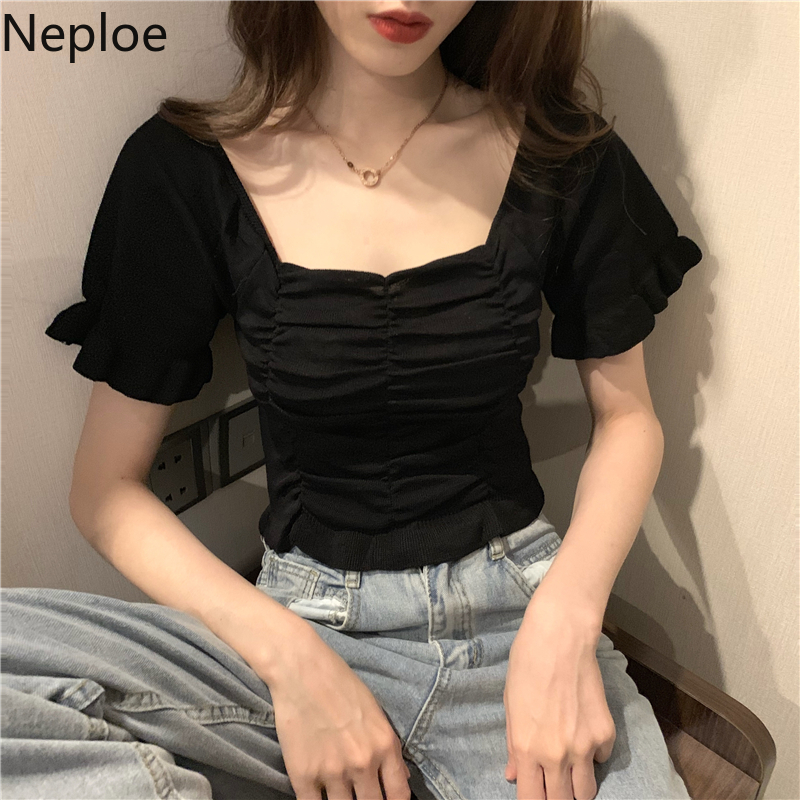 Neploe Fungus Knitted T Shirts Women Solid Square Collar Petal Sleeve Female Tops Summer Casual Slim Fit Ladies Tees 1C625 210306