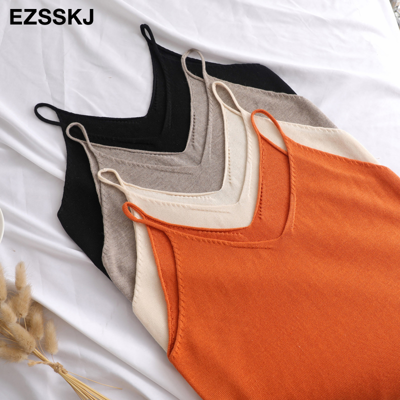 spring summer chic basic V-NECK camisole Summer knit Tank top Women basic cotton camisole female casual solid cashmere top 201028