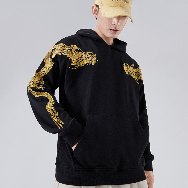 Autumn and winter new national tide Chinese style dragon embroidery loose cotton pullover hoodie men jacket tide Sweatshirt 201128