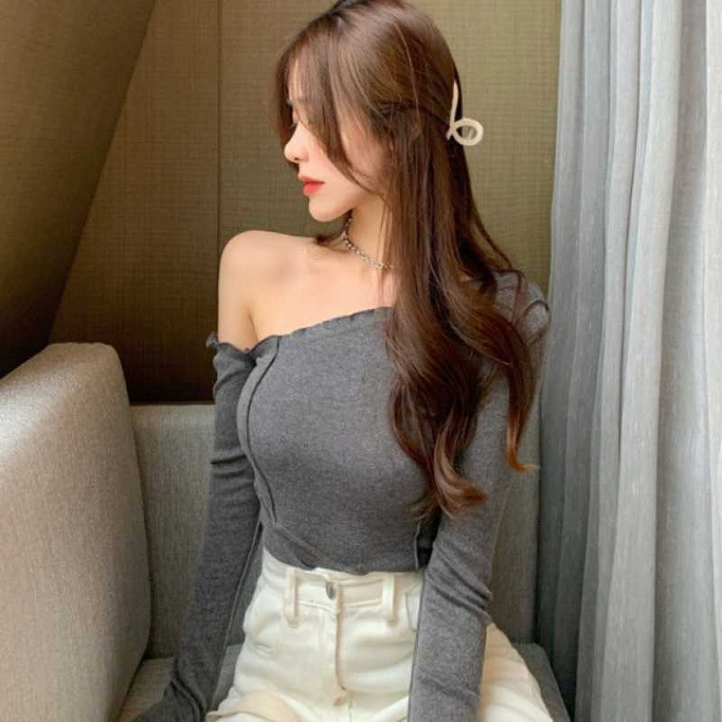 Oblique Shoulder Long Sleeve Women's Autumn Korean Sexy Strapless Summer Tops Slim Top Yellow Black T Shirt Tshirt FI2R 210603