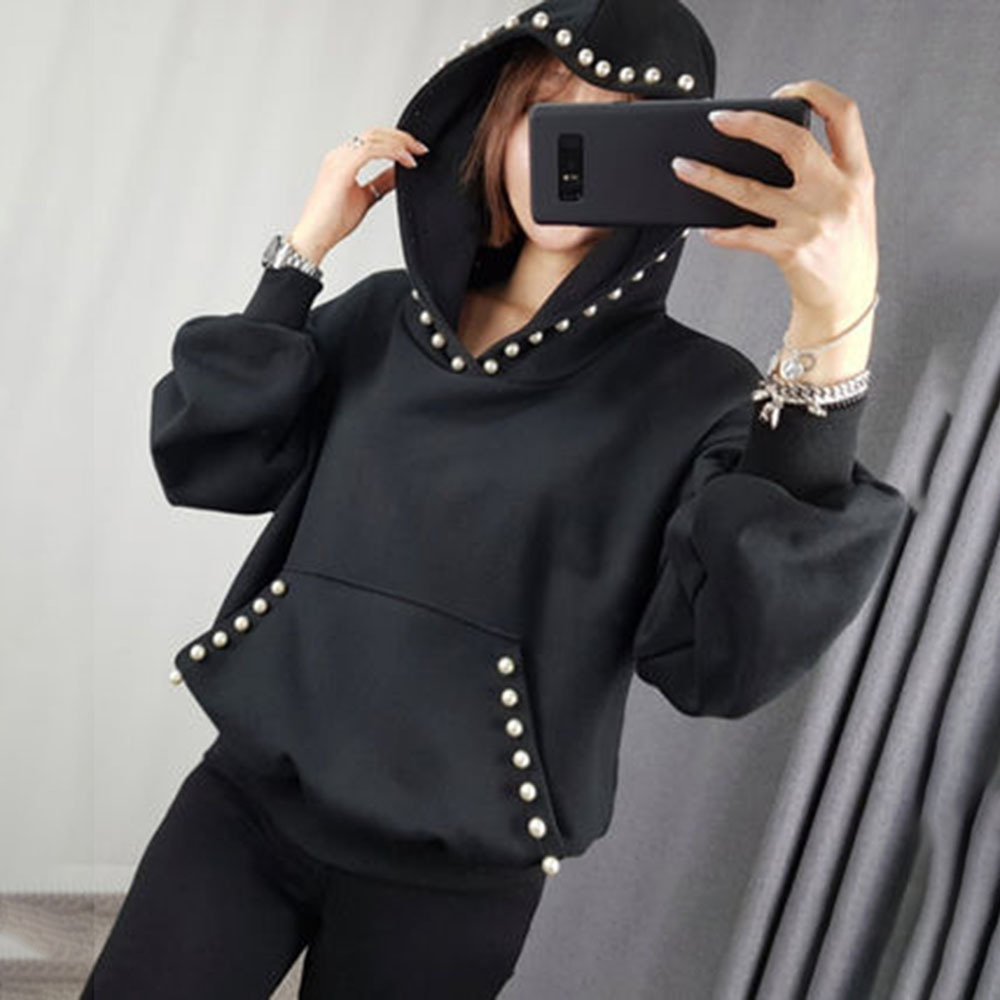 Women Solid Hoodie Autumn Spring Office Ladies Elegant Plain Beading Pullover Hooded Coat Korean Causal Tops Outwear Gray 200924