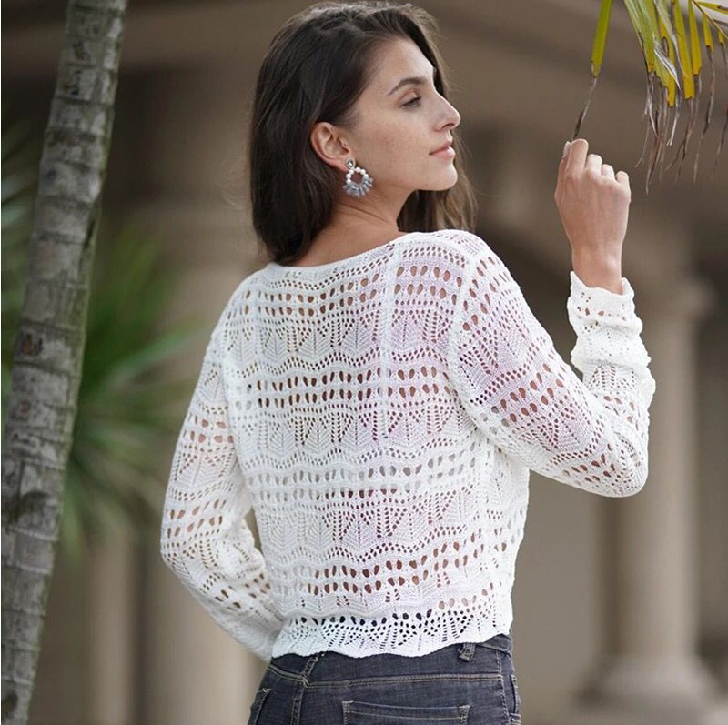 Womens Sexy Mesh See Through Knitted Crop Top T Shirt Summer Boho Fashion Long Sleeve T-shirt Women Lace Tops Tee Women Clothes T200614
