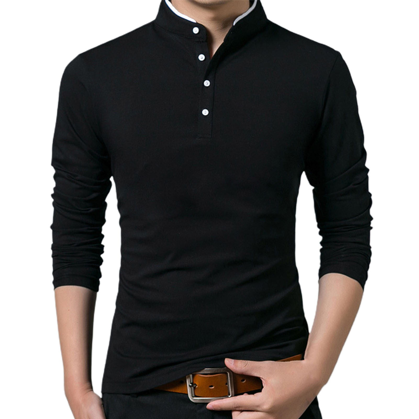 Men Autumn Casual Elegant Work Shirt Solid Color Long Sleeve Stand Collar Base T-shirt Buttons Sweatshirt Plus Size Shirts 4XL