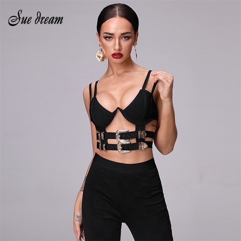 Metal Buckle Camisole Cropped Shirt Women's Short Jacket Black Sexy Hollow Backless Bandage Sleeveless Camisole Solid Color Vest 210625