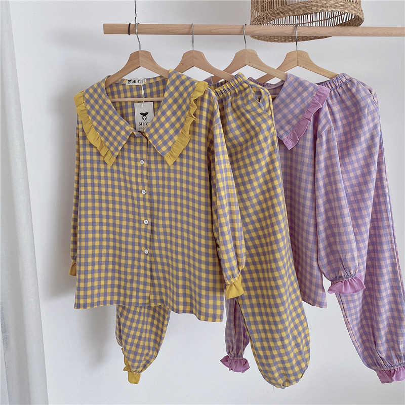 Mozuleva Pyjamas Women Soft Cotton Home Wear Autumn Winter Pijama Female Pants Suit Lapel Plaid Pajamas Set Sleepwear 210706