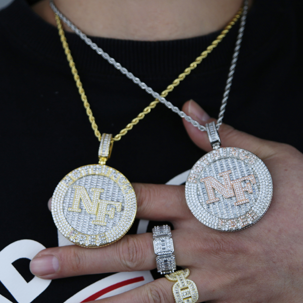 Iced out hip hop letter Nothing's Free NF pendant Necklacs with Full white Cubic zircon paved gold rose color punk styles Women Men punk jewelry 