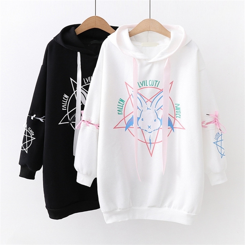 Harajuku Hoodies Autumn Women Print Lace Up Gothic Punk Oversize Tops Long Sleeve Hooded Sweatshirt Pullover Streetwear 201212