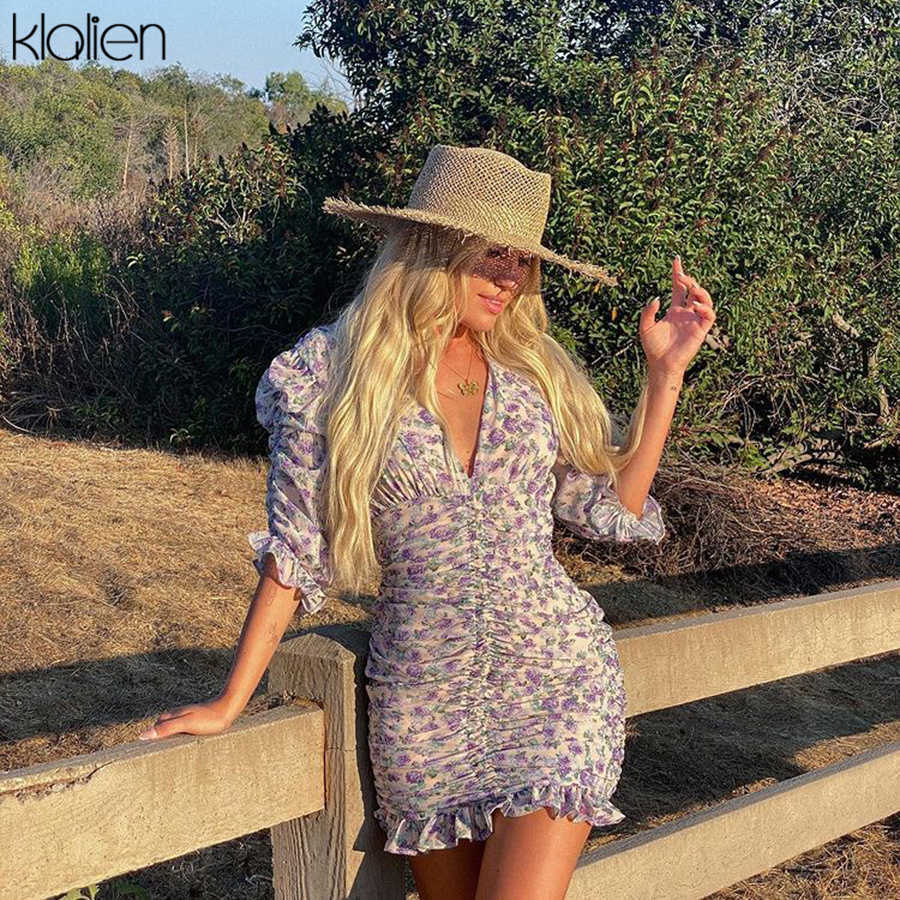 KLALIEN Fashion Elegant Print Boho Floral Office Lady Street Puff Sleeve V Neck Slim Women Dress Summer Club Party Beach Dresses 210623