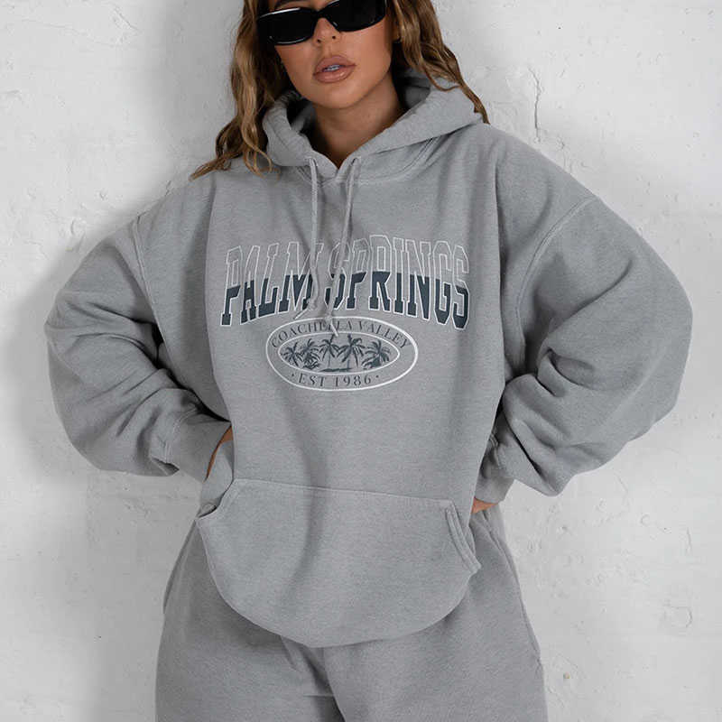 Letter Print Sweatshirt Vintage Women Hoodies Gray Cotton Warm Fleece Winter Pullovers Autumn Casual Streetwear Girls 210816