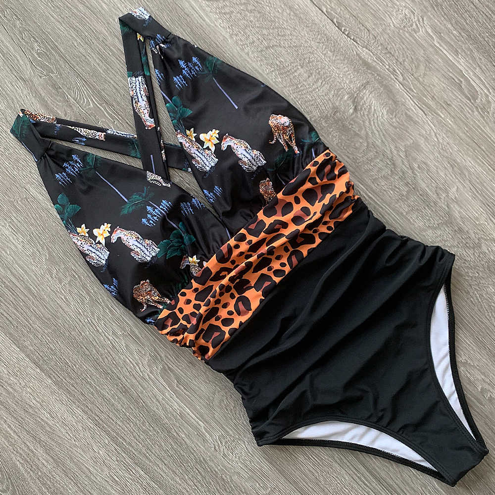 Sexy Swimsuit Female Floral Women Swimwear Push Up Bathing Suits Bodysuits Beach wear Deep V-neck Ruffle Monokini 210611