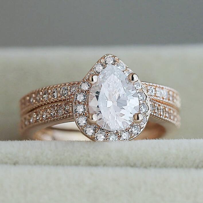 Sterling Sier Rose Gold Plated Pear Cut White Topaz Bridal Ring Set for Women Free shipping