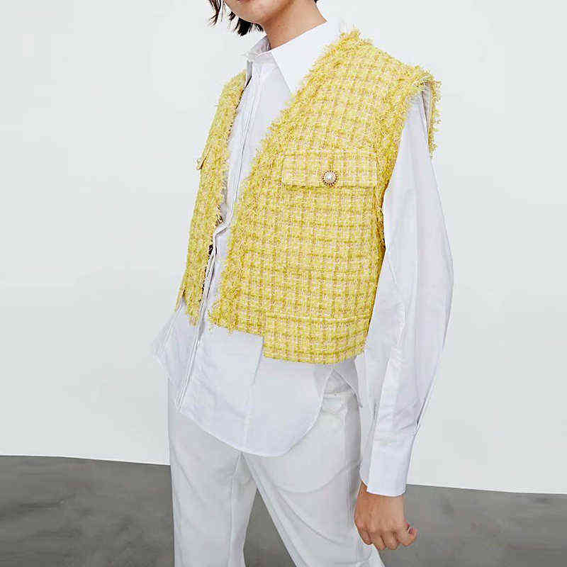 Women Sweet Fashion Yellow Plaid Tweed Tassel Frayed Waistcoat Vintage V Neck Sleeveless Female Vest Outerwear Chic Tops 211120