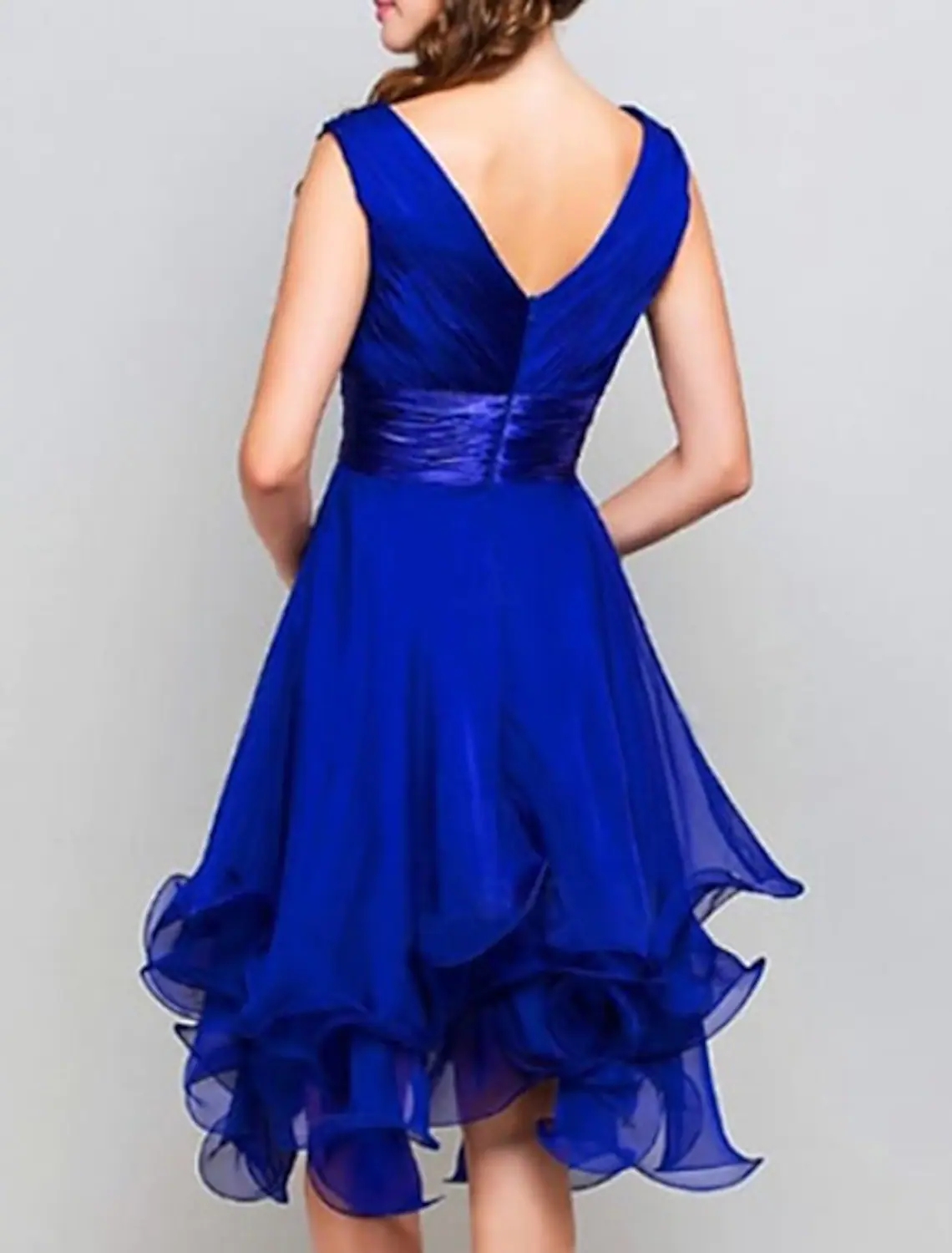 Royal Blue A-line Short Cocktail Party Dress 2022 V Neck Sleeveless Asymmetrical Chiffon with Tier Ruffles Homecoming Prom Gown robe de soiree