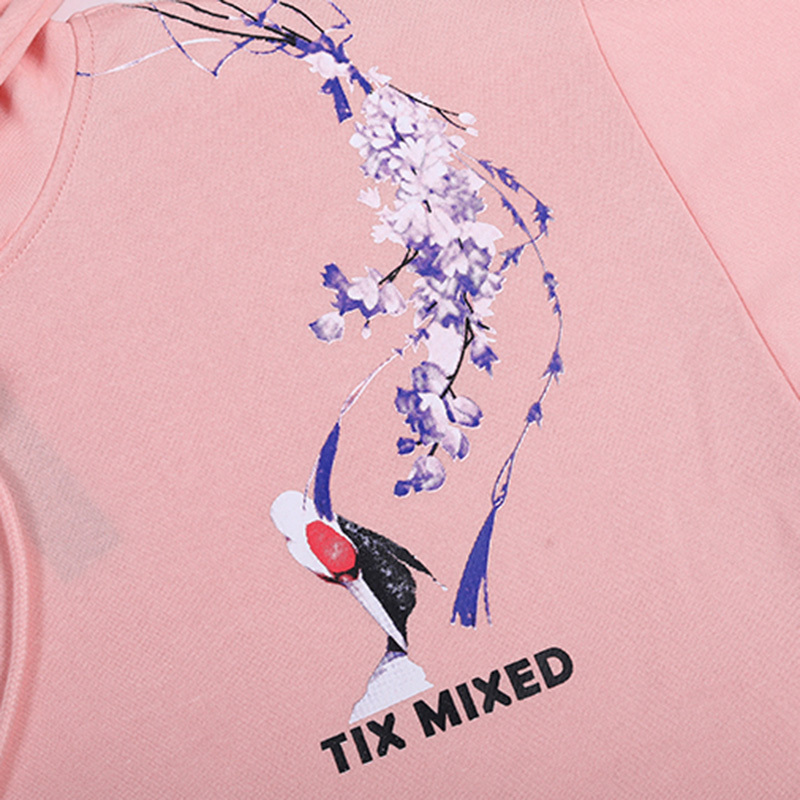 Mens Autumn Streetwear Hip Hop Hoodie Crane Floral Printed Sweatshirt Pink Cotton Fleece Loose Pink Hooded Pullover 201104