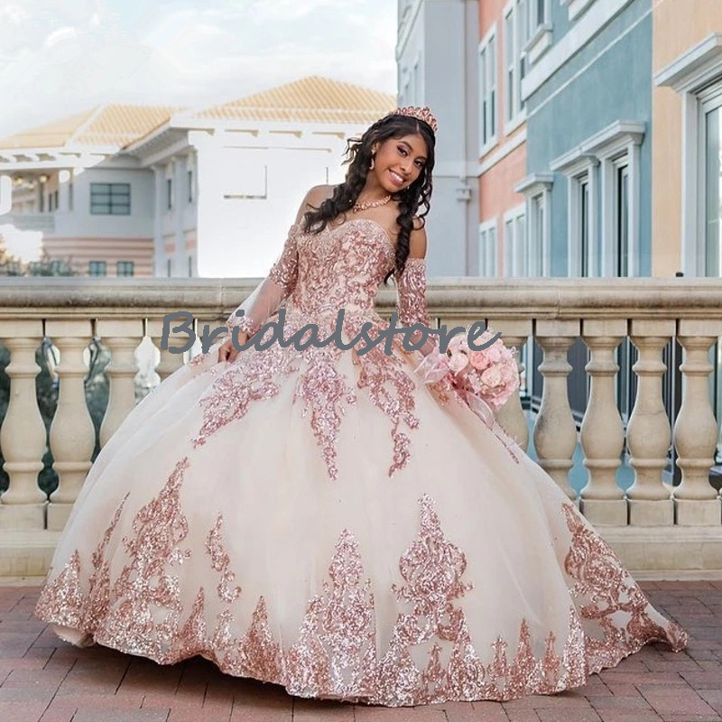 Rose Gold Sequin Quinceanera Dresses Vestidos De 15 Anos Princess Plus Size Masquerade Prom Gowns Sweet 15 Birthday Party Skirt With Detachable Sleeve