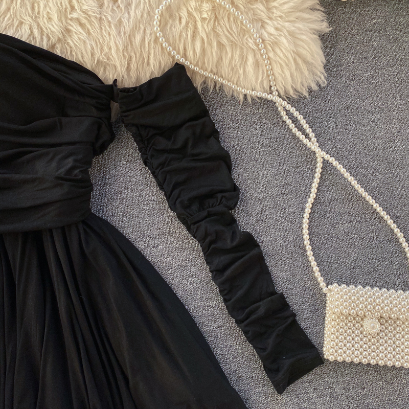 DEAT Spring Solid Long Sleeve Asymmetrical Collar Off Shoulder Fashion Party Dresses Office Lady Ruched Robe MI488 210303
