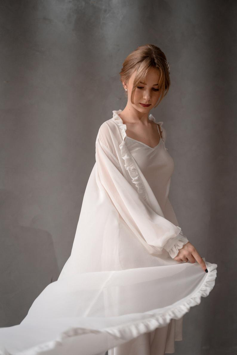 2 Pcs Bridal Sleepwear Photography Props Spaghetti Straps Undergarment Women Ruffle Long Sleeve Robes Women Nightgowns Custom Made