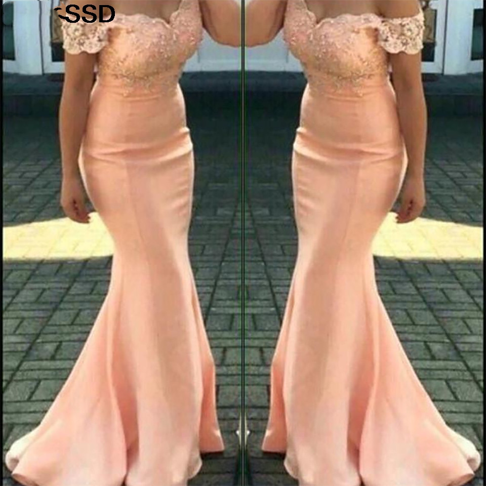 Plus Size Off-shoulder Wedding Party Dress Applique Elastic Satin Woman Lady Mermaid Sleeveless Formal Gown Bridesmaid Dresses