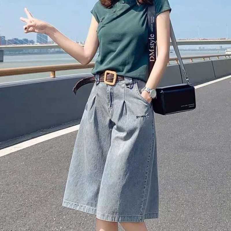 High Waist Wide Leg Denim Shorts For Women Half Long Summer Knee Length Jean Streetwear Pockets Casual Bermuda Shorts For Women 210625