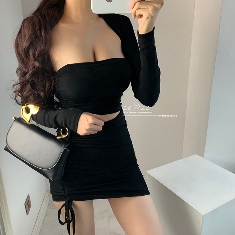 WOMENGAGA sexy low chest Strapless drawstring lace show thin cardigan full sleeve tops + hgih waist sexy mini dress set CA5V 210708