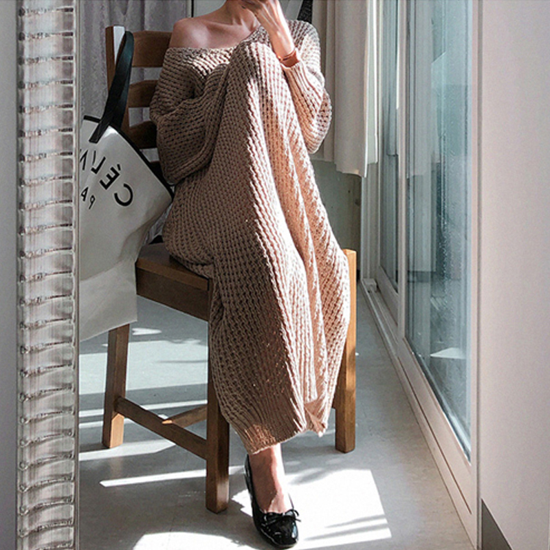 BGTEEVER Fashion Oversize Autumn Winter Long Sweater Dress Women Batwing Sleeve Female Vneck Loose Knitted Pullovers Dress Chic 201008