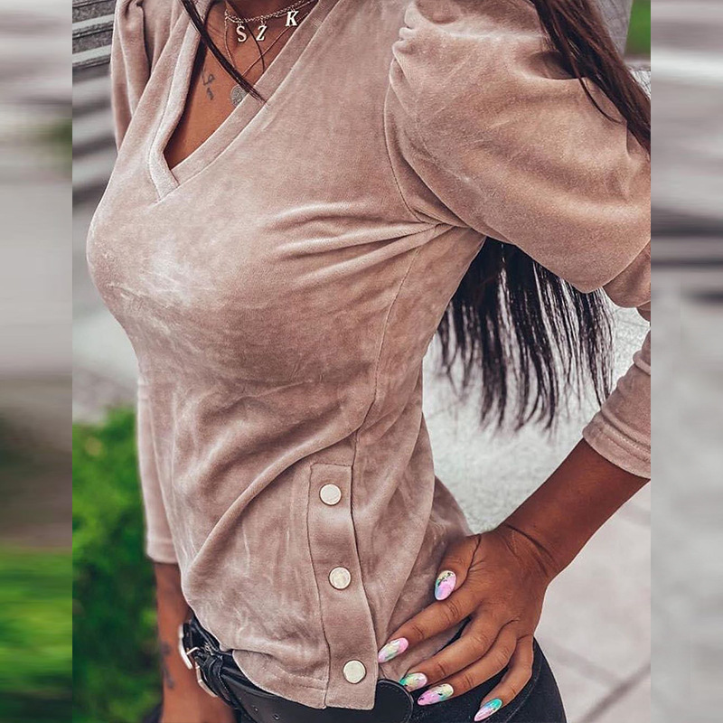 Pink Solid Korean Style Purple Velvet T-Shirt Women Clothes Autumn Brown Pure Casual Ladies Split T Shirts Top Woman Tshirt 210302