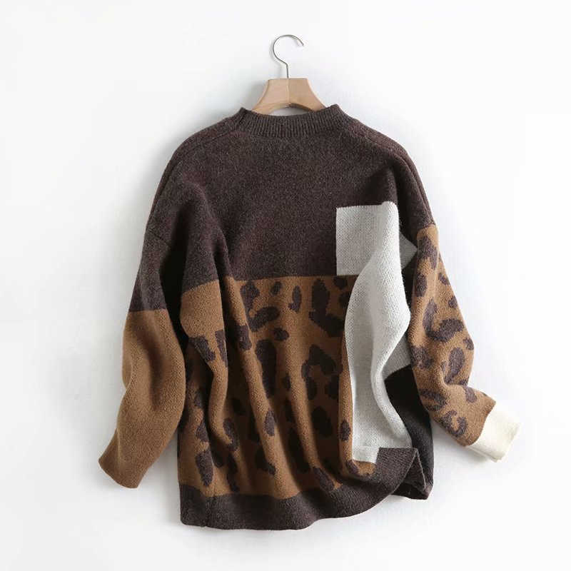 H.SA Women Vintage Leopard Pullover And Sweaters Winter Patchwork Brown Knit Jumpers Loose Style Korean Slim Pull Jumpers 210918