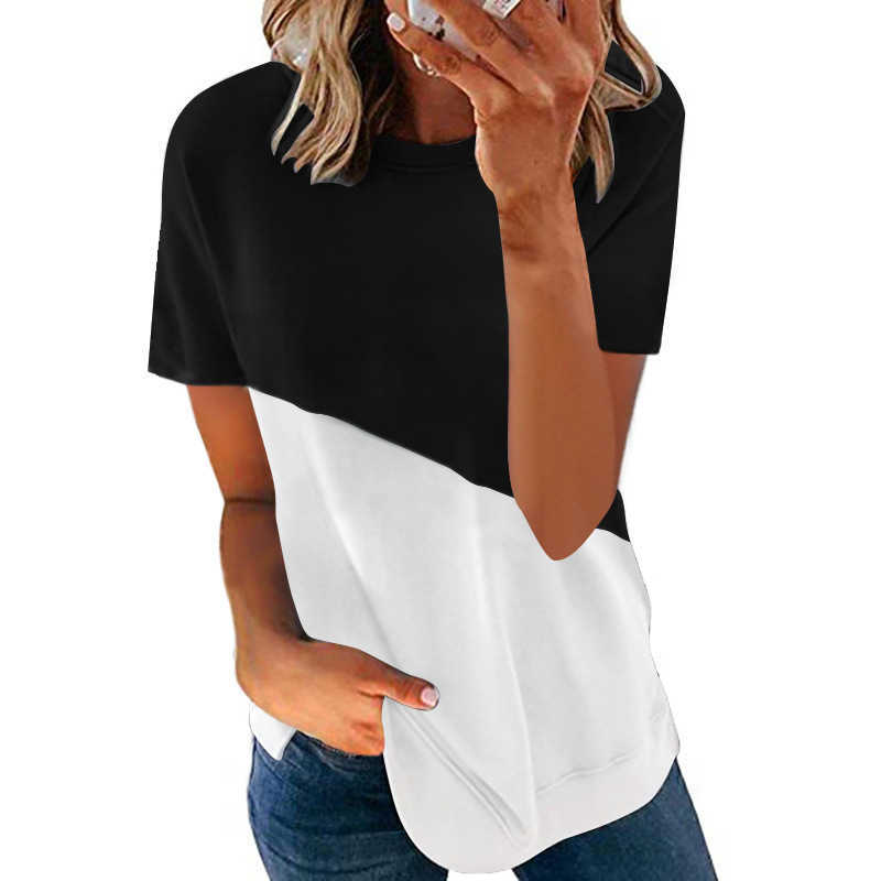Plus Size S-5XL Women Tops Casual O-Neck Short Sleeve Loose T-shirt Summer Contrast Patchwork Oversized T-shirts Ladies 210526