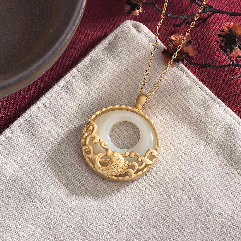 2021 Autumn and Winter Necklace Guochao Brass Gold-plated, Fish Pendant Every Year, Natural Hetian Jade Women's Jewelry