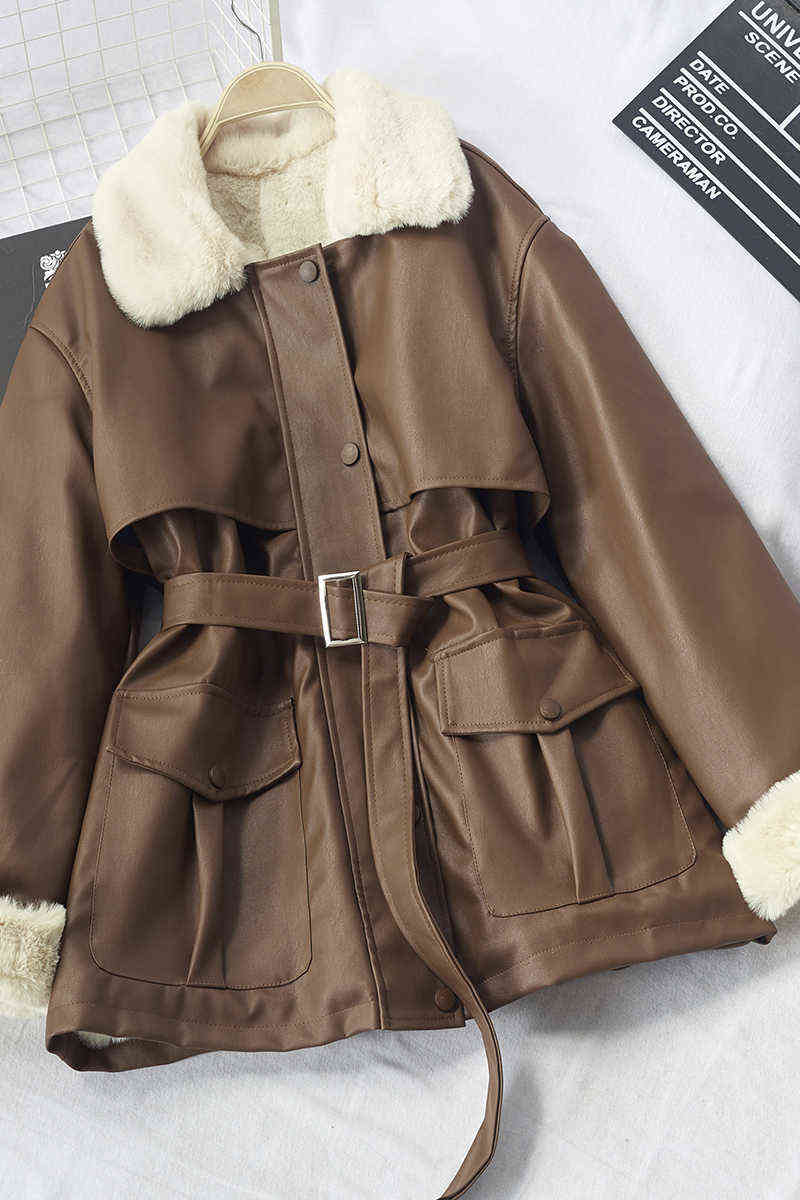 eather clothes winter Korean Pu fur fur collar lace up Plush jacket fashion motorcycle clothe's coat 211109