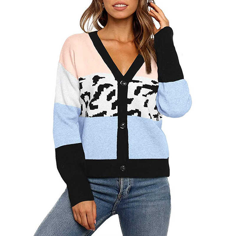 Winter Clothes Women Color-blocking Patchwork Sweaters Lady Button V-Neck Short Cardigan Leopard Casual Plus Size Mujer 210604
