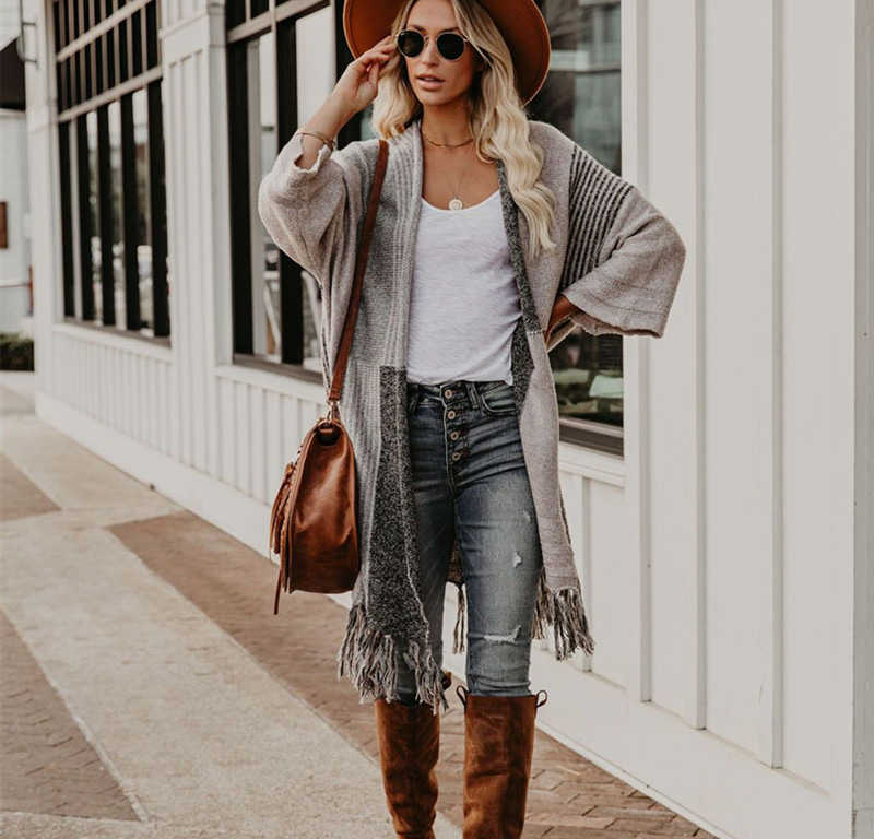 Fitshinling Bohemian Fringe Cardigan Women Clothes Patchwork Slim Long Coat Female Winter Vintage Knitwear Sweaters Cardigans 210914