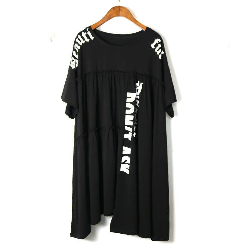 XITAO Plus Size Irregular Letter Pleated T Shirt Women Clothes Summer New Fashion Loose Pullover Match All Long Tee DMY4122 210306